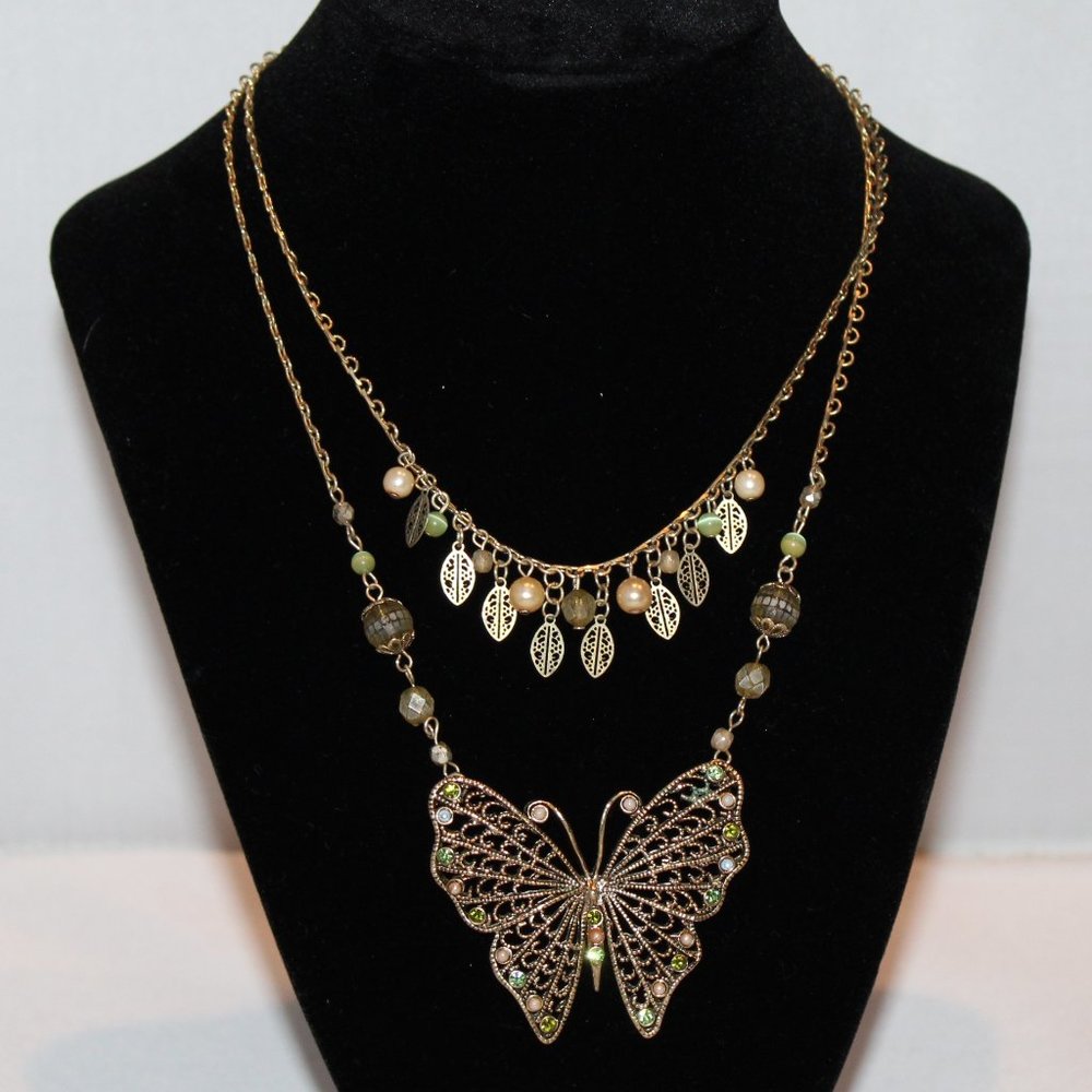 16" double strand necklace butterfly pendant beads leaves gold tone delicate